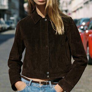 Zara 100% Leather Short Jacket (Brown Suede)